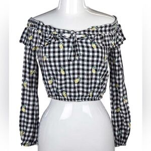Gingham black and white off the shoulder bow top with lemon embroidery nwot